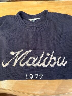 American Eagle Outfitters Navy Crewneck Sweater with White 'Malibu' Script